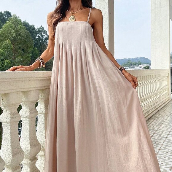 Apricot Boho Womens Linen-like Sleeveless Spaghetti Straps Loose Fit Beach Dress - Picture 3 of 8